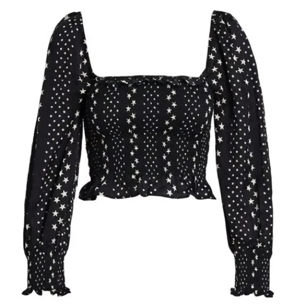 LoveShackFancy Russell Silk Black & White Star Top, NEW